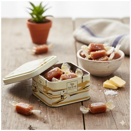 Metallåda mini med smörkola med havssalt från Ile de Ré 50g